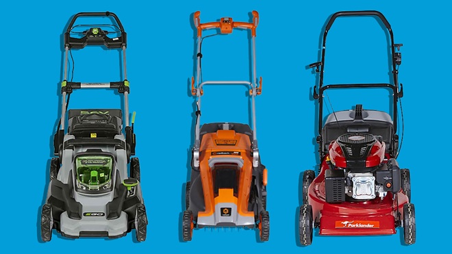 three lawnmowers on a blue background